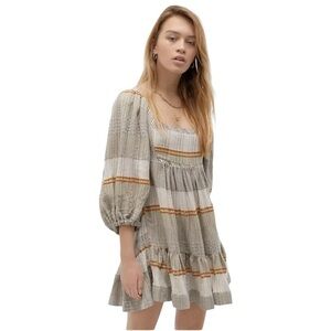 FREE PEOPLE COSY STRIPED COTTON BOHO 3/4 BALLOON SLEEVE MINI DRESS